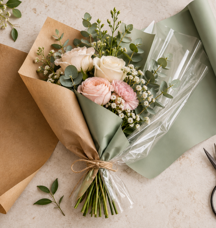 Kraft paper, decorative floral wrapping paper and clear cellophane compared with a bouquet